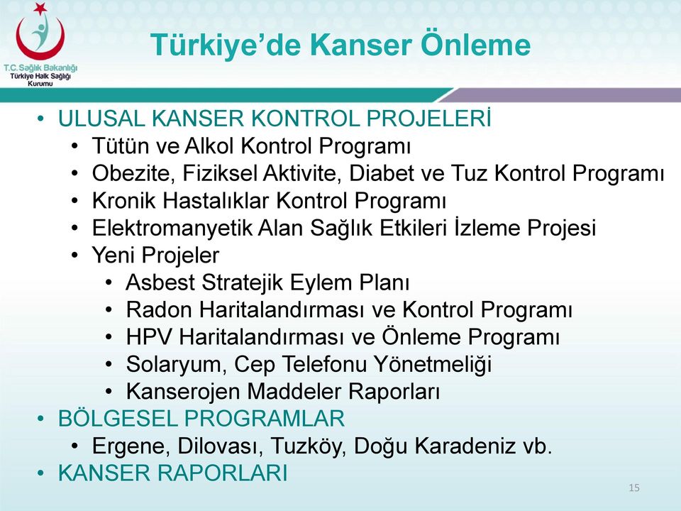 Asbest Stratejik Eylem Planı Radon Haritalandırması ve Kontrol Programı HPV Haritalandırması ve Önleme Programı Solaryum, Cep