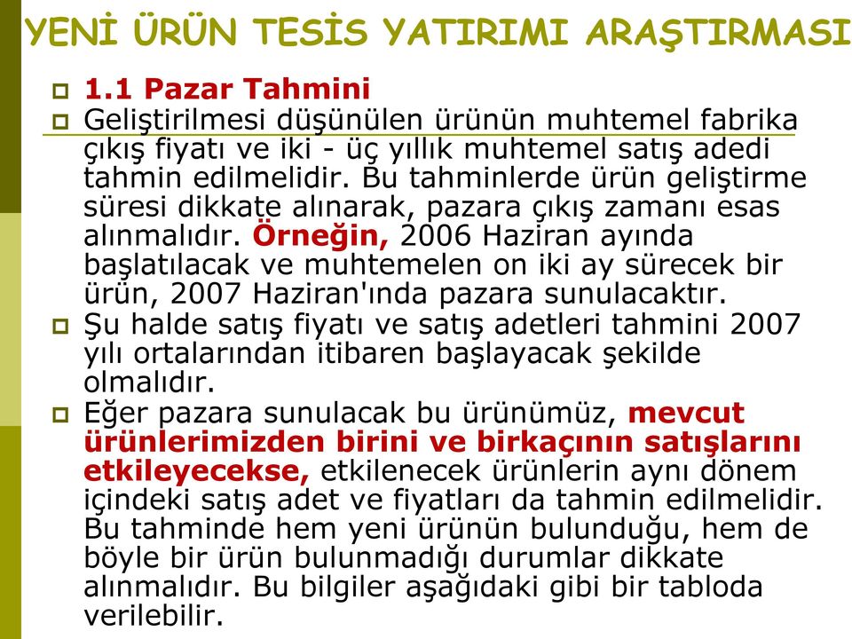 Örneğin, 2006 Haziran ayında başlatılacak ve muhtemelen on iki ay sürecek bir ürün, 2007 Haziran'ında pazara sunulacaktır.