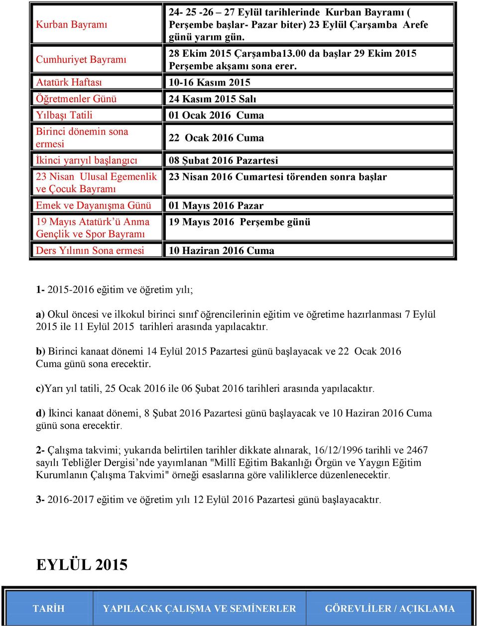 günü yarım gün. 28 Ekim 2015 Çarşamba13.00 da başlar 29 Ekim 2015 Perşembe akşamı sona erer.