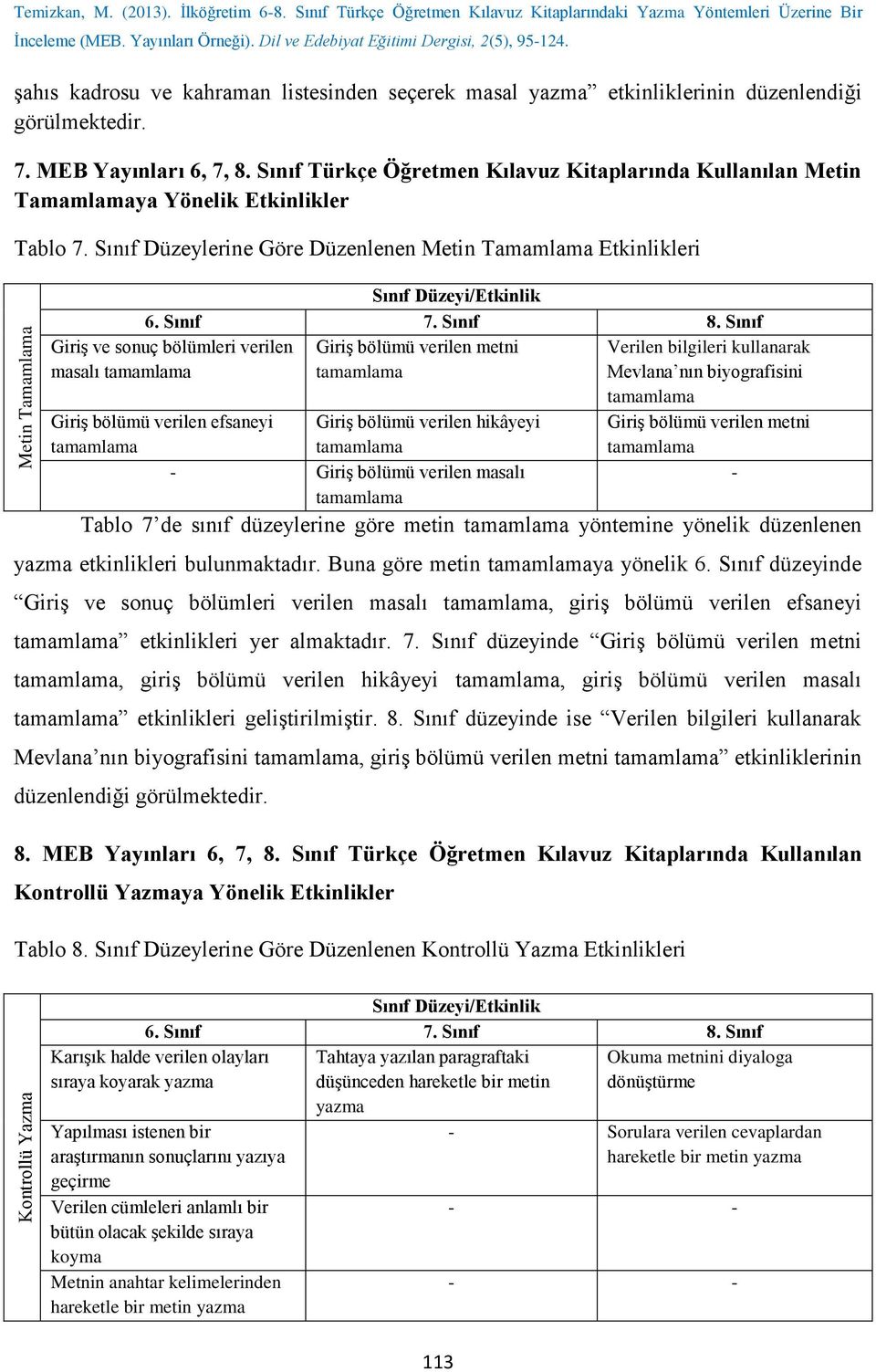 Sınıf Türkçe Öğretmen Kılavuz Kitaplarında Kullanılan Metin Tamamlamaya Yönelik Etkinlikler Tablo 7. Sınıf Düzeylerine Göre Düzenlenen Metin Tamamlama Etkinlikleri Sınıf Düzeyi/Etkinlik 6. Sınıf 7.