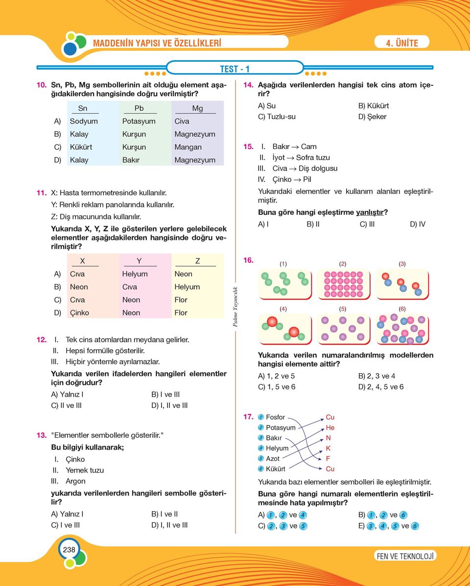 IV. 11. X: Hasta termometresinde kullanılır. Y: Renkli reklam panolarında kullanılır. Z: Diş macununda kullanılır. A) I A) Cıva Helyum Neon B) Neon Cıva Helyum C) Cıva Neon Flor D) Çinko Neon Flor 17.