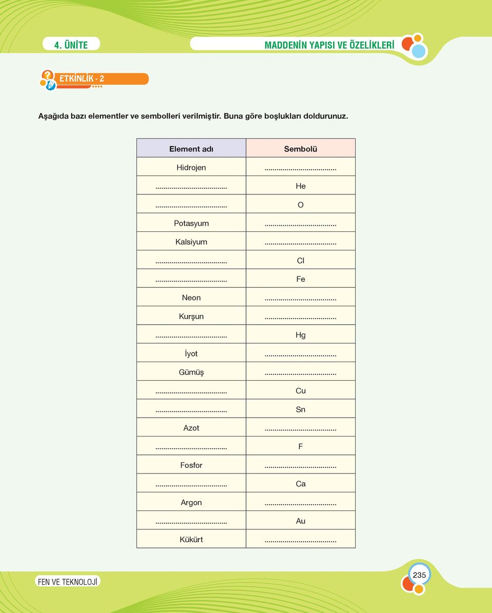 Element adı Sembolü Hidrojen...... He... O Potasyum... Kalsiyum...... Cl.