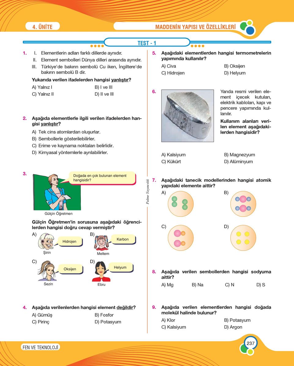 Aşağıda elementlerle ilgili verilen ifadelerden hangisi yanlıştır? A) Tek cins atomlardan oluşurlar. B) Sembollerle gösterilebilirler. C) Erime ve kaynama noktaları belirlidir.