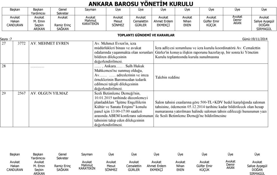 01.2015 tarihinde düzenlemeyi planladıkları "İşitme Engellilerin Kültür ve Sanata Erişimi" konulu panel için 13:00-17:00 saatleri arasında ABEM konferans salonunun tahsisini talep eden dilekçesinin