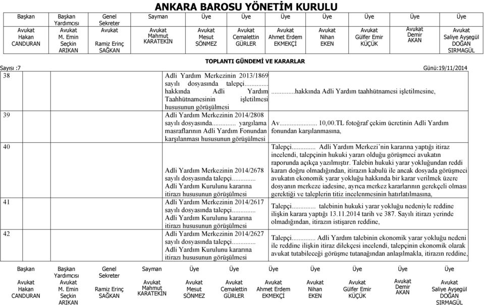 Kurulunu kararına itirazı hususunun görüşülmesi 41 Adli Yardım Merkezinin 2014/2617 sayılı dosyasında talepçi Adli Yardım Kurulunu kararına itirazı hususunun görüşülmesi 42 Adli Yardım Merkezinin