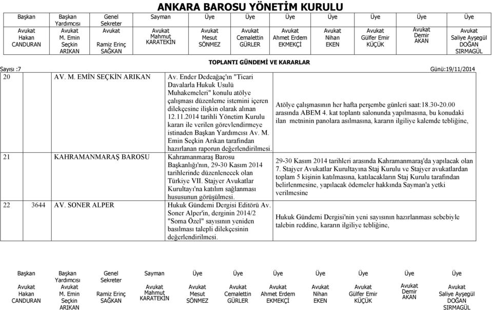 21 KAHRAMANMARAŞ BAROSU Kahramanmaraş Barosu lığı'nın, 29-30 Kasım 2014 tarihlerinde düzenlenecek olan Türkiye VII. Stajyer lar Kurultayı'na katılım sağlanması hususunun görüşülmesi. 22 3644 AV.