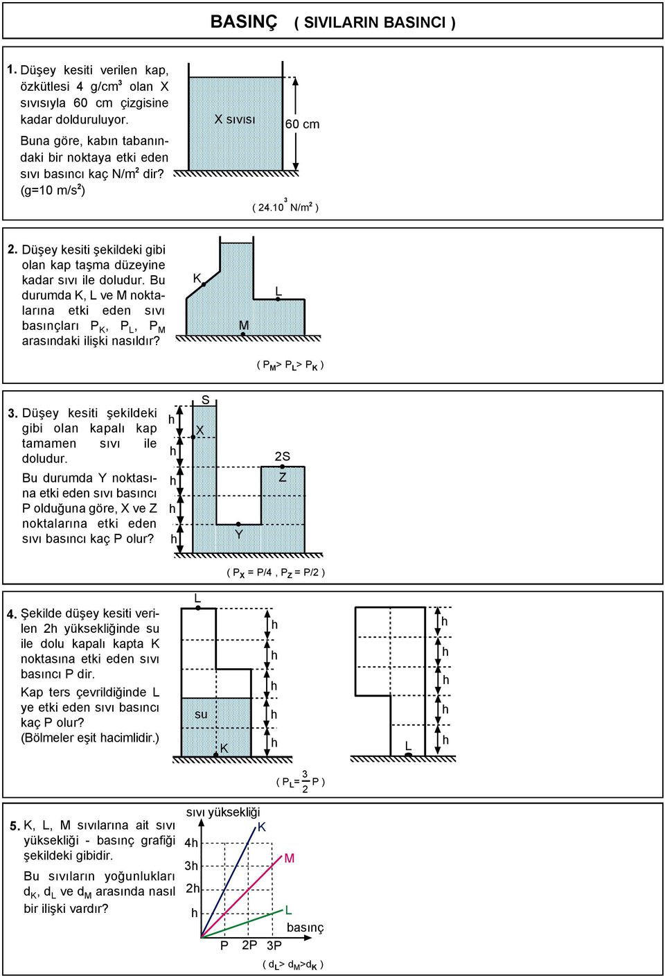 Bu durumda, ve noktalarına etki eden sıvı basınçları P, P, P arasındaki ilişki nasıldır? ( P > P > P ) 3. Düşey kesiti şekildeki gibi olan kapalı kap tamamen sıvı ile doludur.