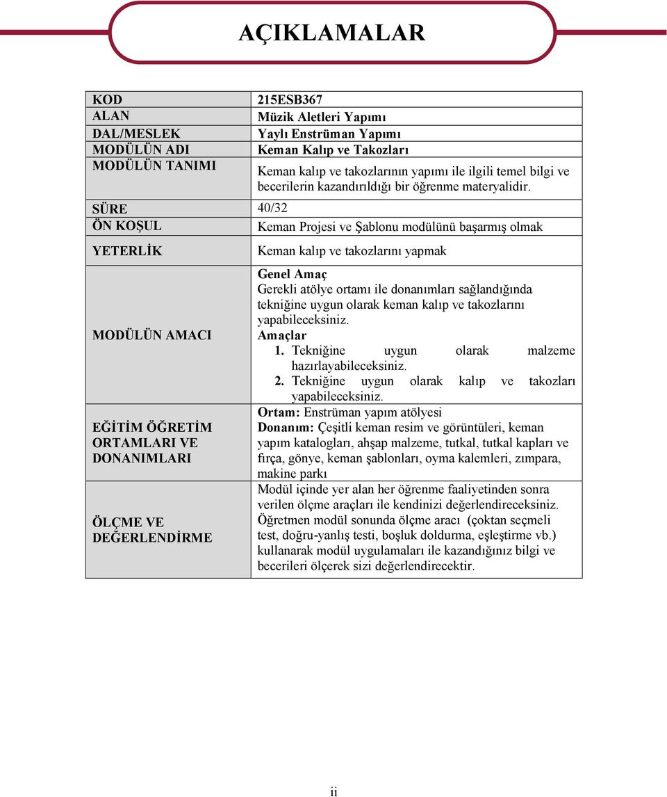 SÜRE 40/32 ÖN KOŞUL Keman Projesi ve Şablonu modülünü başarmış olmak YETERLİK MODÜLÜN AMACI EĞİTİM ÖĞRETİM ORTAMLARI VE DONANIMLARI ÖLÇME VE DEĞERLENDİRME AÇIKLAMALAR Keman kalıp ve takozlarını