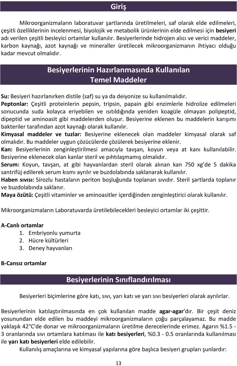 Besiyerlerinde hidrojen alıcı ve verici maddeler, karbon kaynağı, azot kaynağı ve mineraller üretilecek mikroorganizmanın ihtiyacı olduğu kadar mevcut olmalıdır.