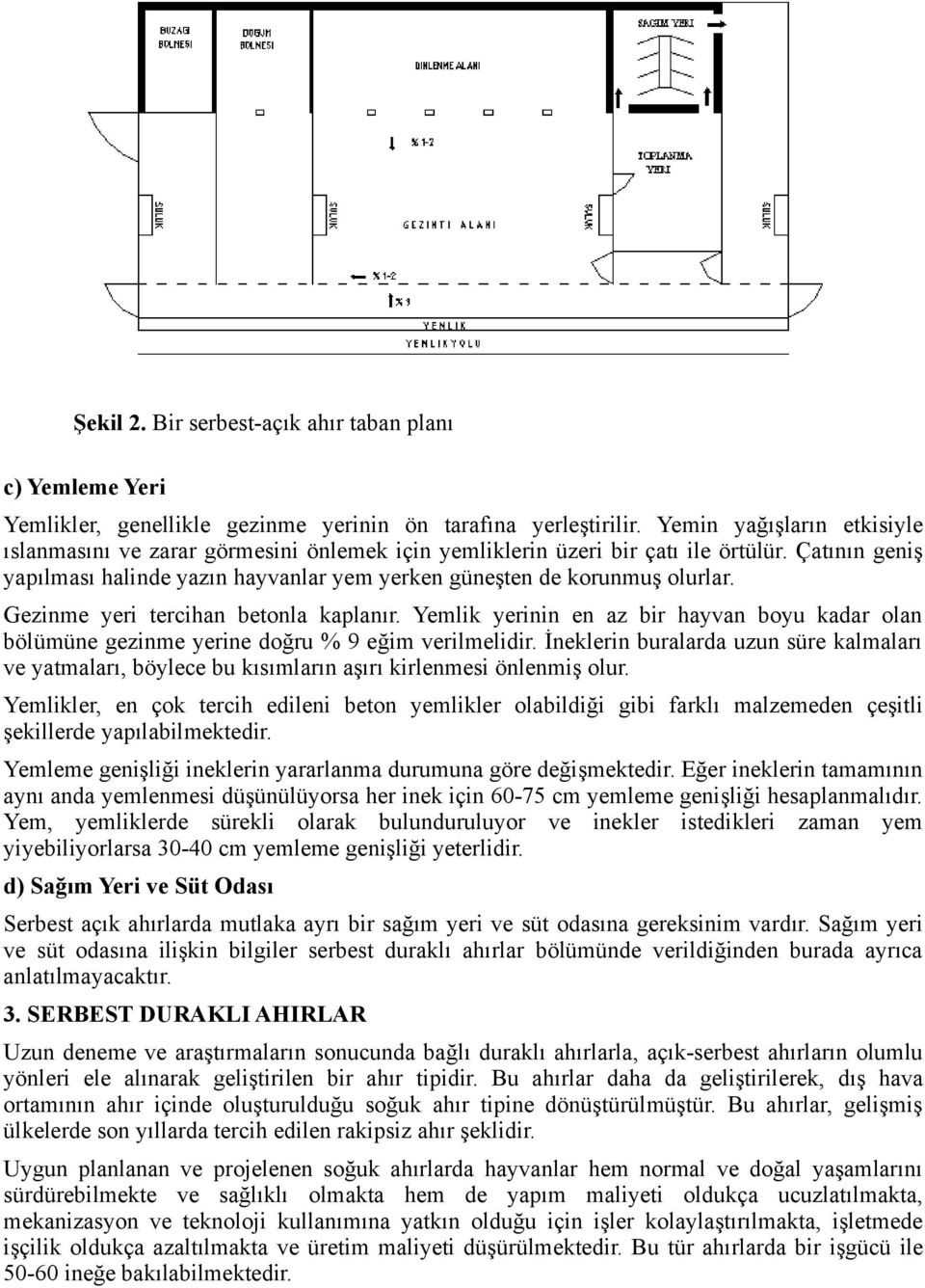 Gezinme yeri tercihan betonla kaplanır. Yemlik yerinin en az bir hayvan boyu kadar olan bölümüne gezinme yerine doğru % 9 eğim verilmelidir.