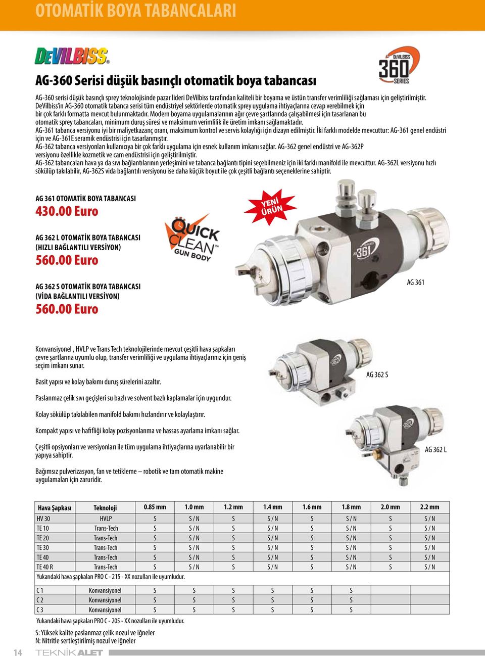 DeVilbiss in AG-360 otomatik tabanca serisi tüm endüstriyel sektörlerde otomatik sprey uygulama ihtiyaçlarına cevap verebilmek için bir çok farklı formatta mevcut bulunmaktadır.