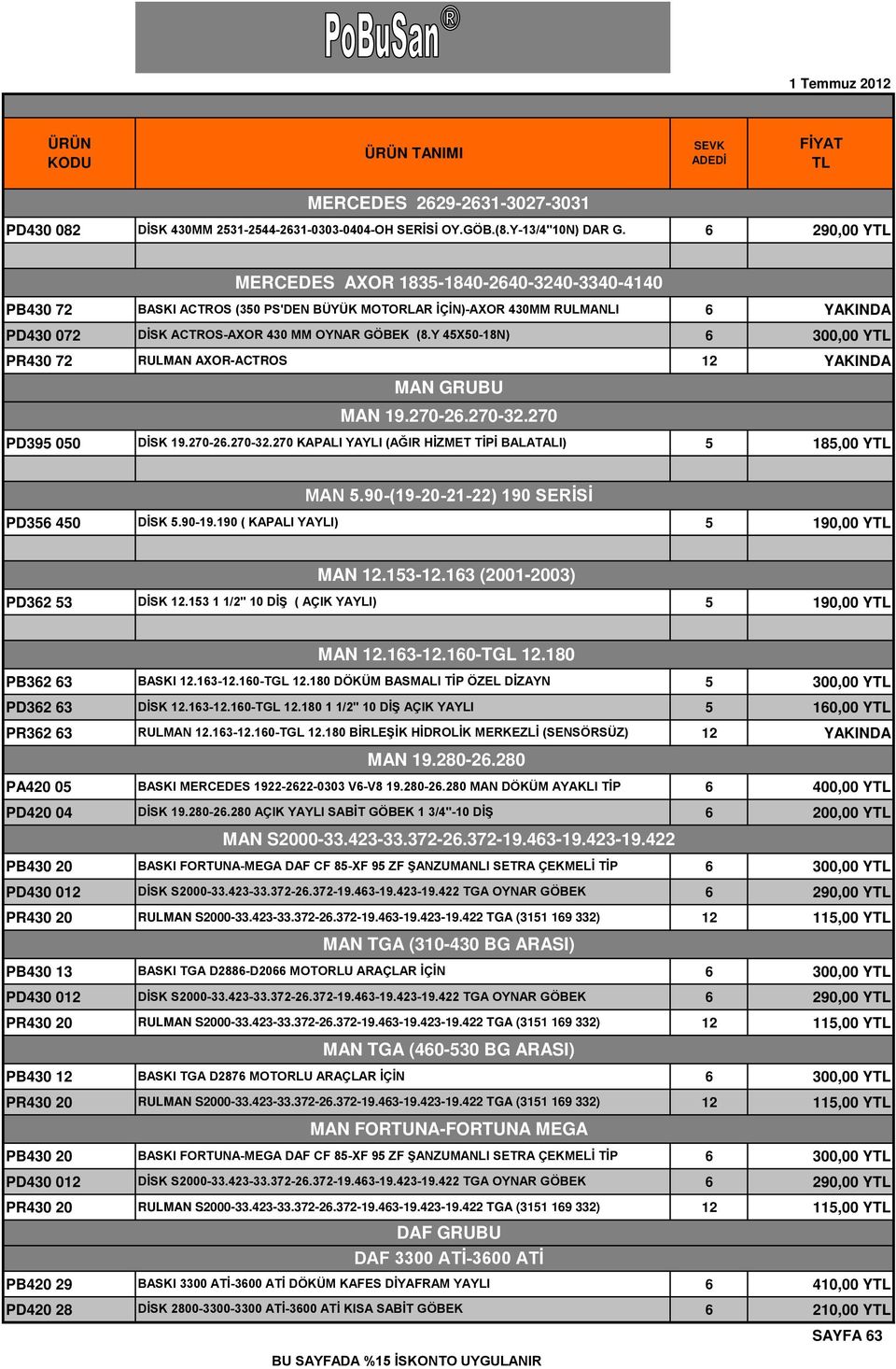 Y 45X50-18N) PR430 72 RULMAN AXOR-ACTROS 12 YAKINDA MAN GRUBU MAN 19.270-26.270-32.270 PD395 050 DİSK 19.270-26.270-32.270 KAPALI YAYLI (AĞIR HİZMET TİPİ BALATALI) 5 185,00 Y MAN 5.