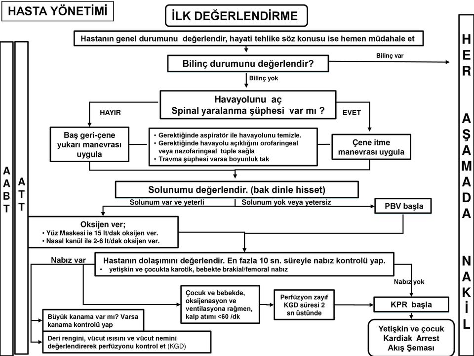 Gerektiğinde aspiratör ile havayolunu temizle. Gerektiğinde havayolu açıklığını orofaringeal veya nazofaringeal tüple sağla ravma şüphesi varsa boyunluk tak Solunumu değerlendir.