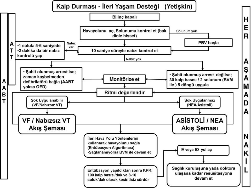 Yolu Yöntemlerini kullanarak havayolunu sağla (ntübasyon lgoritması) Sağlanamıyorsa V ile devam et ntübasyon yapıldıktan sonra P; 100 kalp basısı/dak ve 8-10 soluk/dak olarak kesintisiz sürdür