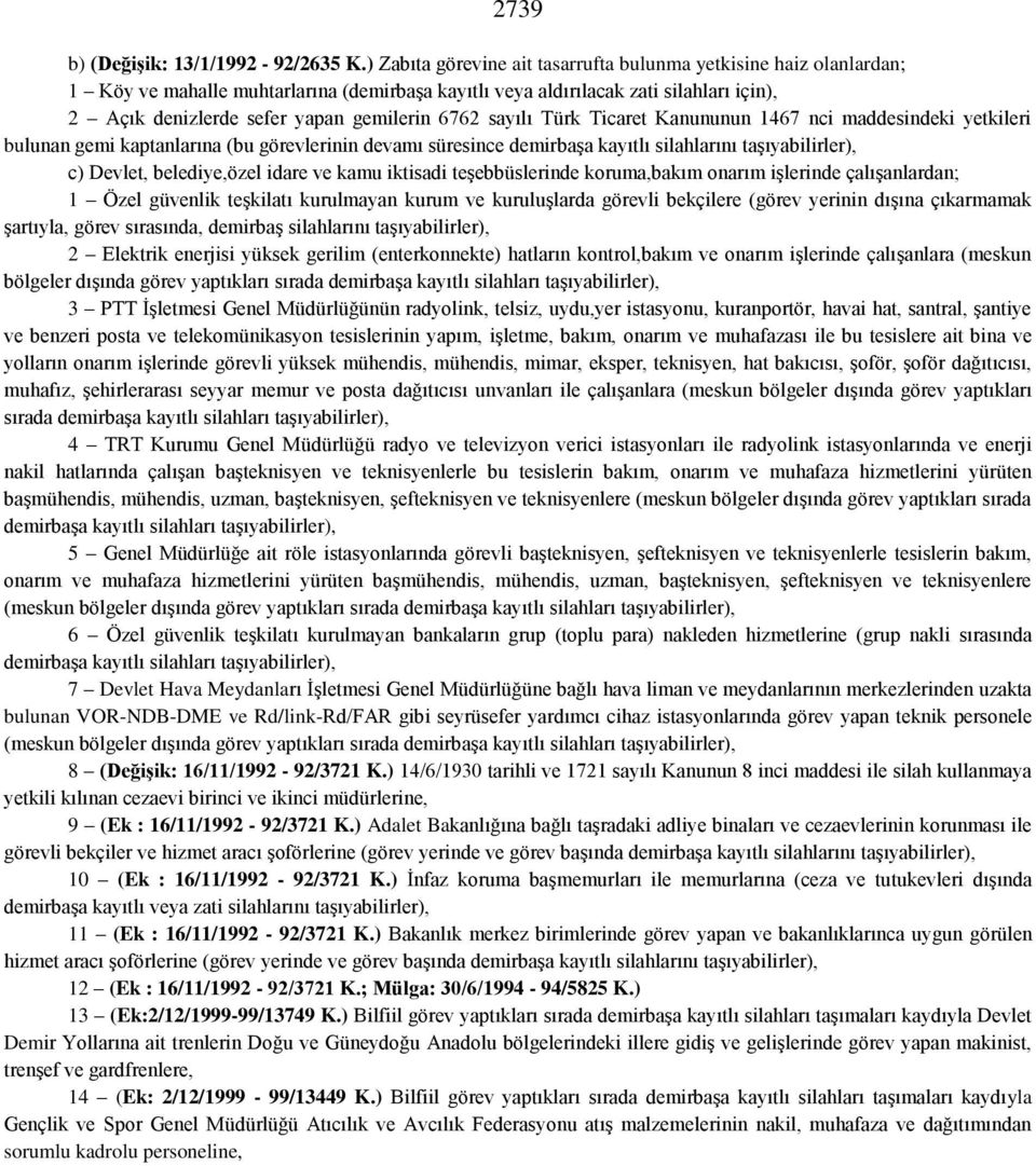 6762 sayılı Türk Ticaret Kanununun 1467 nci maddesindeki yetkileri bulunan gemi kaptanlarına (bu görevlerinin devamı süresince demirbaşa kayıtlı silahlarını taşıyabilirler), c) Devlet, belediye,özel