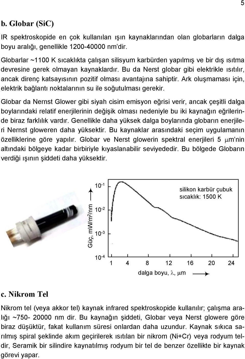 Bu da Nerst globar gibi elektrikle ısıtılır, ancak direnç katsayısının pozitif olması avantajına sahiptir. Ark oluşmaması için, elektrik bağlantı noktalarının su ile soğutulması gerekir.