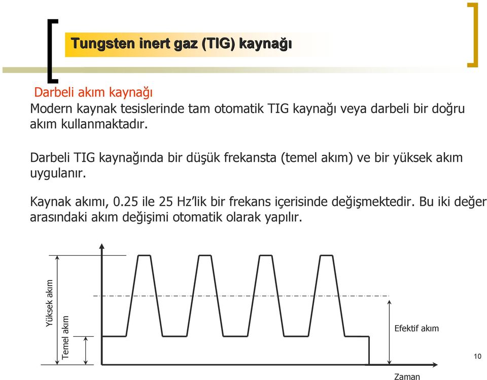 Darbeli TIG kaynağında bir düşük frekansta (temel akım) ve bir yüksek akım uygulanır. Kaynak akımı, 0.