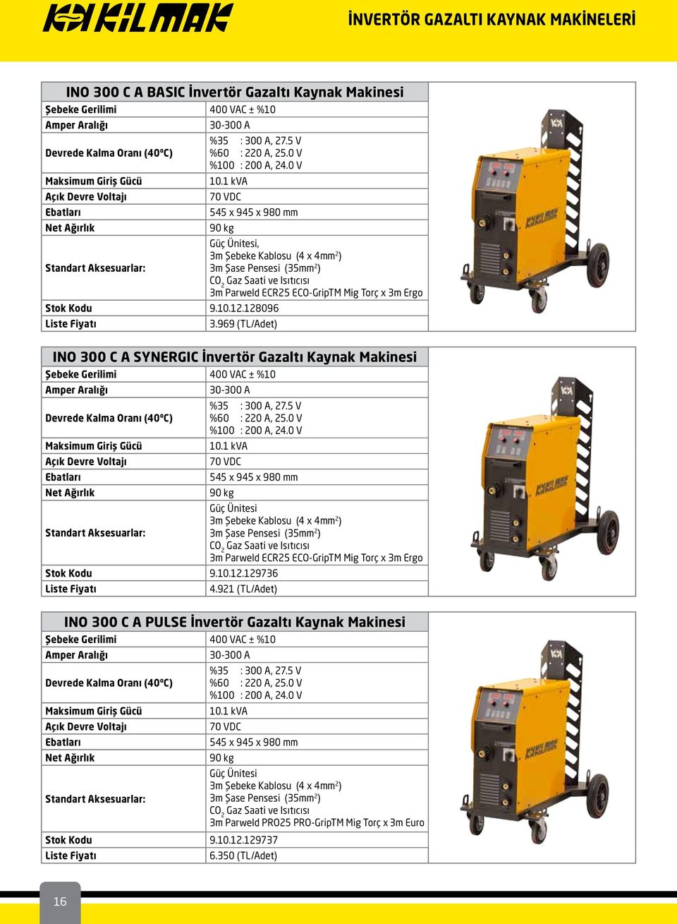 969 (TL/Adet) INO 300 C A SYNERGIC İnvertör Gazaltı Kaynak Makinesi 30-300 A %35 : 300 A, 27.5 V Devrede Kalma Oranı (40ºC) %60 : 220 A, 25.0 V %100 : 200 A, 24.0 V 10.