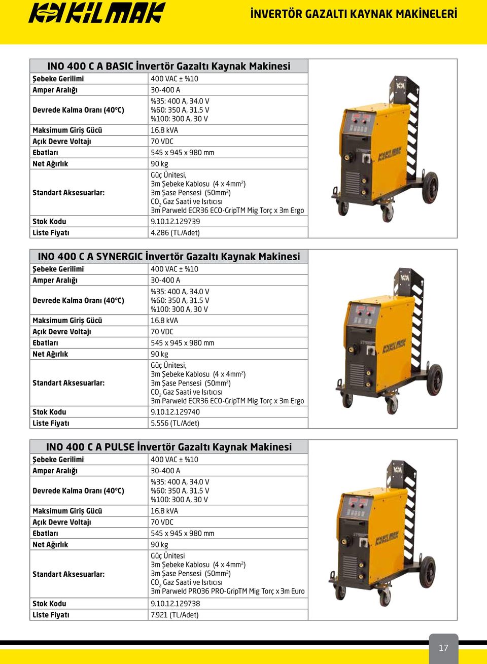 286 (TL/Adet) INO 400 C A SYNERGIC İnvertör Gazaltı Kaynak Makinesi 30-400 A %35: 400 A, 34.0 V Devrede Kalma Oranı (40ºC) %60: 350 A, 31.5 V %100: 300 A, 30 V 16.