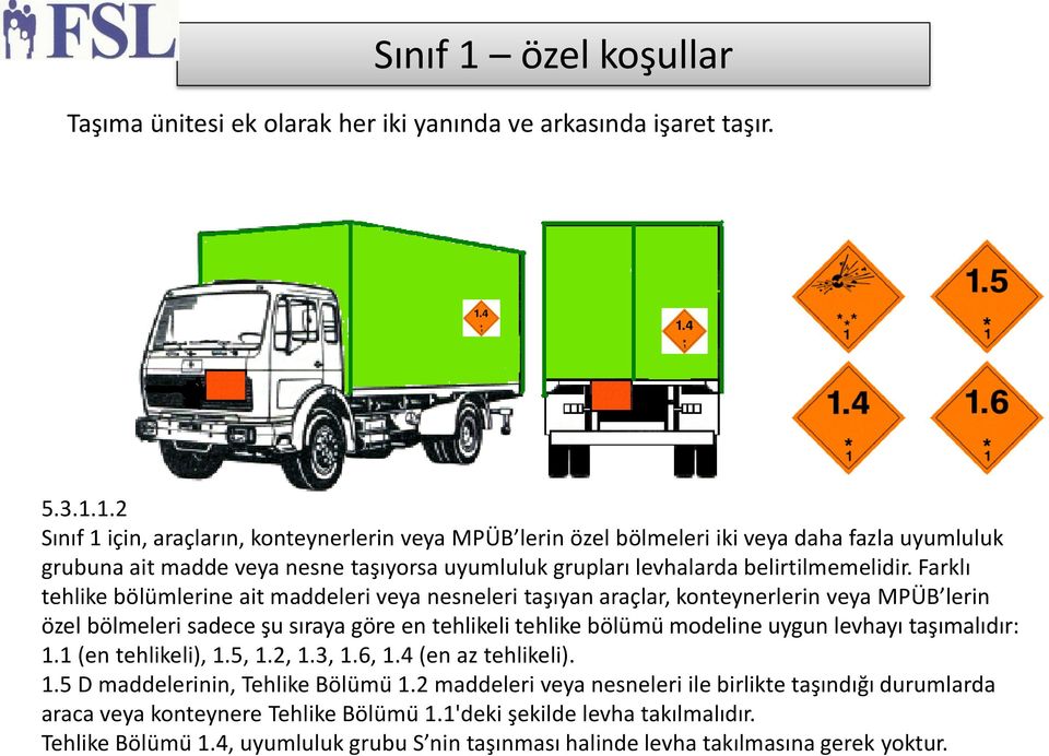 taşımalıdır: 1.1 (en tehlikeli), 1.5, 1.2, 1.3, 1.6, 1.4 (en az tehlikeli). 1.5 D maddelerinin, Tehlike Bölümu 1.