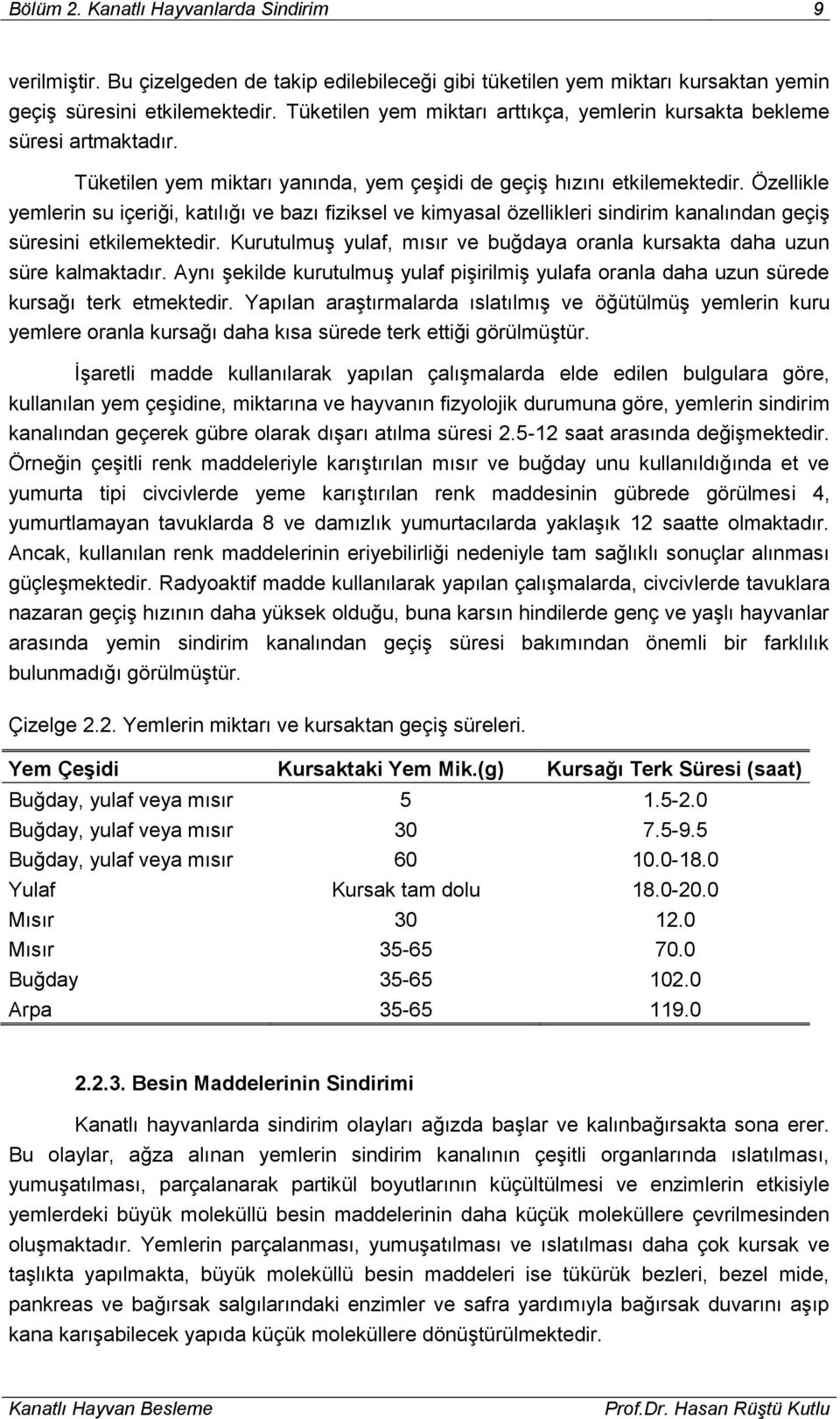 Özellikle yemlerin su içeriği, katılığı ve bazı fiziksel ve kimyasal özellikleri sindirim kanalından geçiş süresini etkilemektedir.