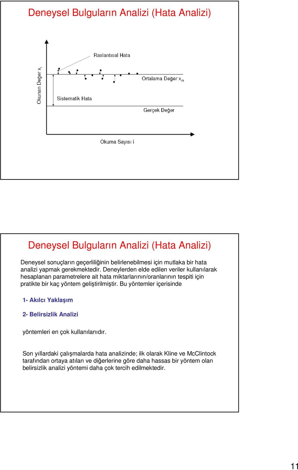 Deneylerden elde edilen veriler kullanılarak hesaplanan parametrelere ait hata miktarlarının/oranlarının tespiti için pratikte bir kaç yöntem geliştirilmiştir.