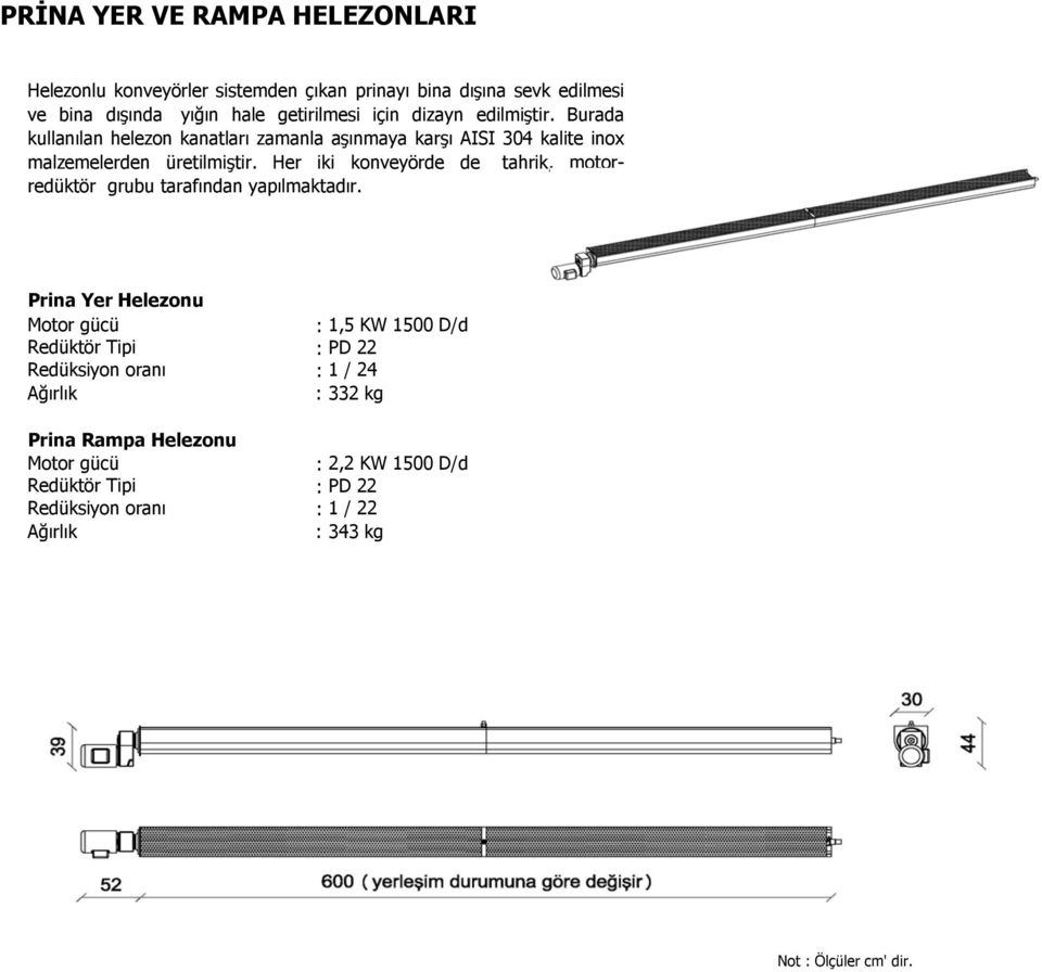 Burada kullanılan helezon kanatları zamanla aşınmaya karşı AISI 304 kalite inox malzemelerden üretilmiştir.