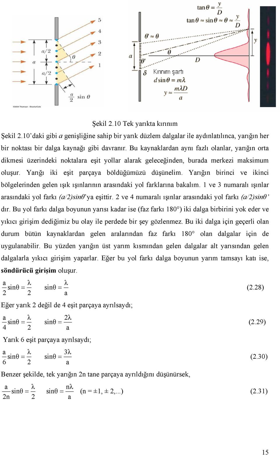 Yarığın birinci ve ikinci bölgelerinden gelen ışık ışınlarının arasındaki yol farklarına bakalım. 1 ve 3 numaralı ışınlar arasındaki yol farkı (a/)sinθ ya eşittir.