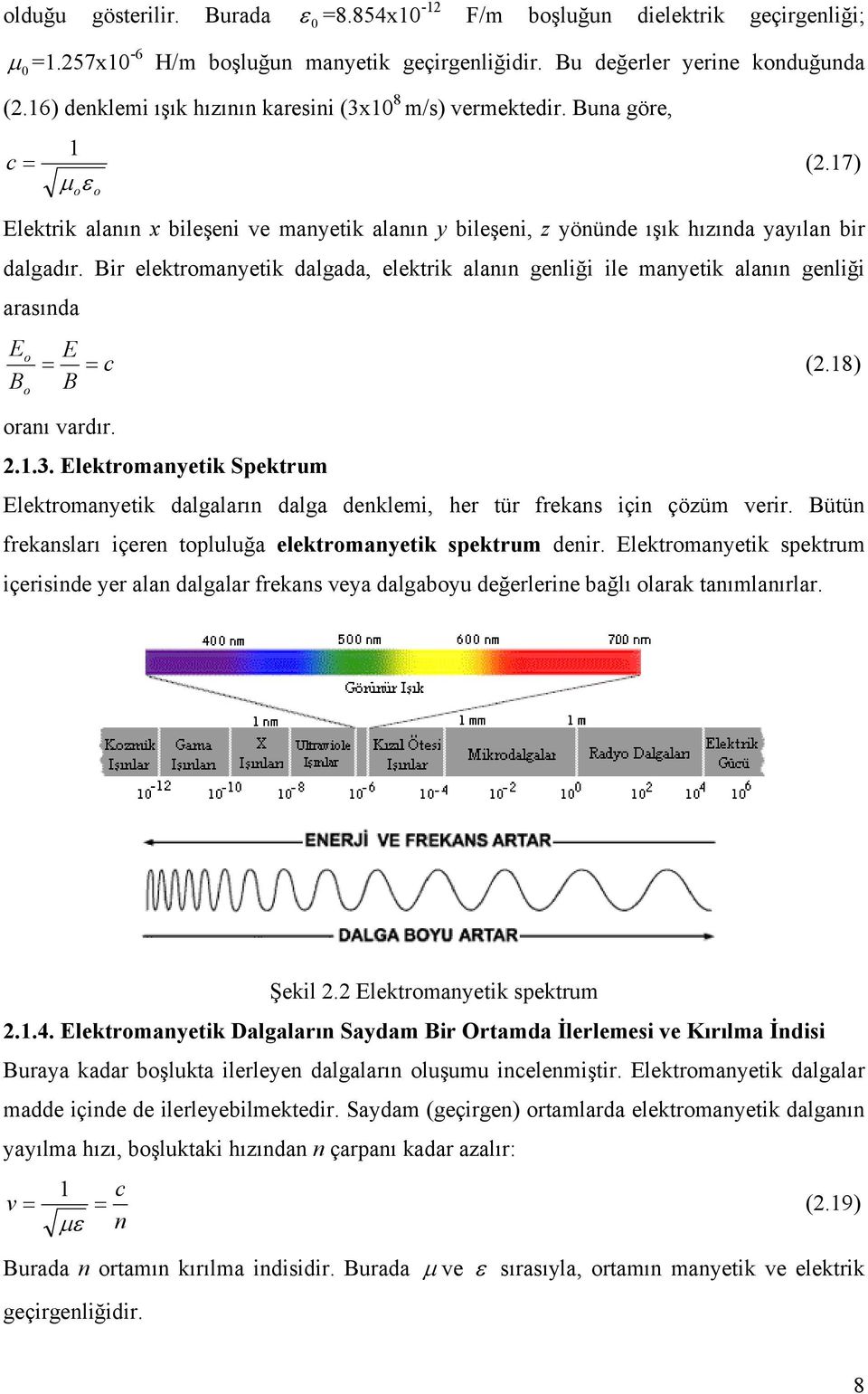 Bir elektromanyetik dalgada, elektrik alanın genliği ile manyetik alanın genliği arasında E B o o E = = c (.18) B oranı vardır..1.3.