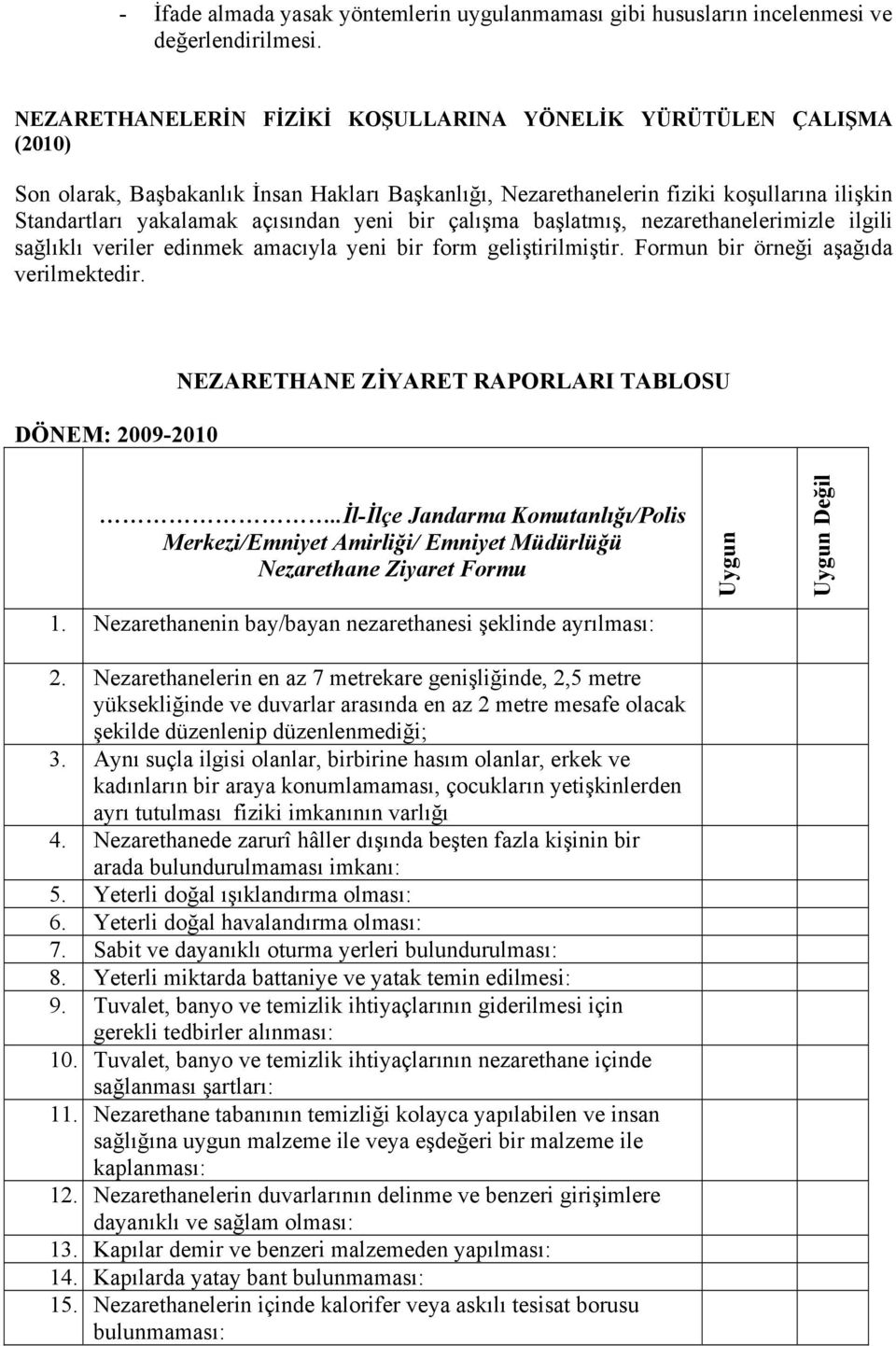 yeni bir çalışma başlatmış, nezarethanelerimizle ilgili sağlıklı veriler edinmek amacıyla yeni bir form geliştirilmiştir. Formun bir örneği aşağıda verilmektedir.