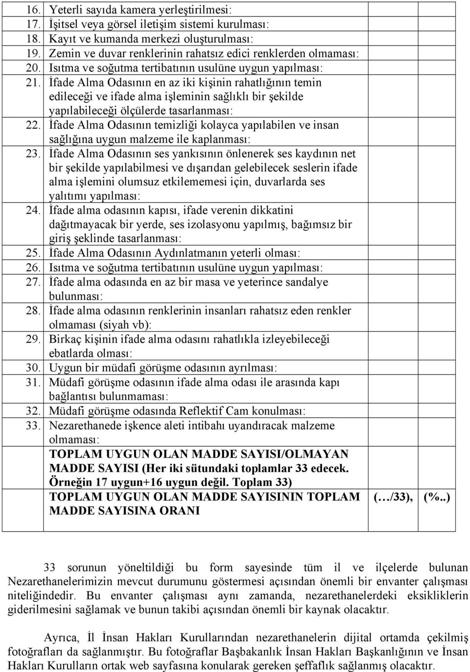 İfade Alma Odasının en az iki kişinin rahatlığının temin edileceği ve ifade alma işleminin sağlıklı bir şekilde yapılabileceği ölçülerde tasarlanması: 22.