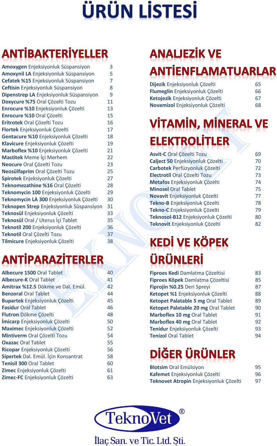 Çözelti 18 Klavicure Enjeksiyonluk Çözelti 19 Marboflex %10 Enjeksiyonluk Çözelti 21 Mastitek Meme İçi Merhem 22 Neocure Oral Çözelti Tozu 23 Neosülfaprim Oral Çözelti Tozu 25 Spirotek Enjeksiyonluk