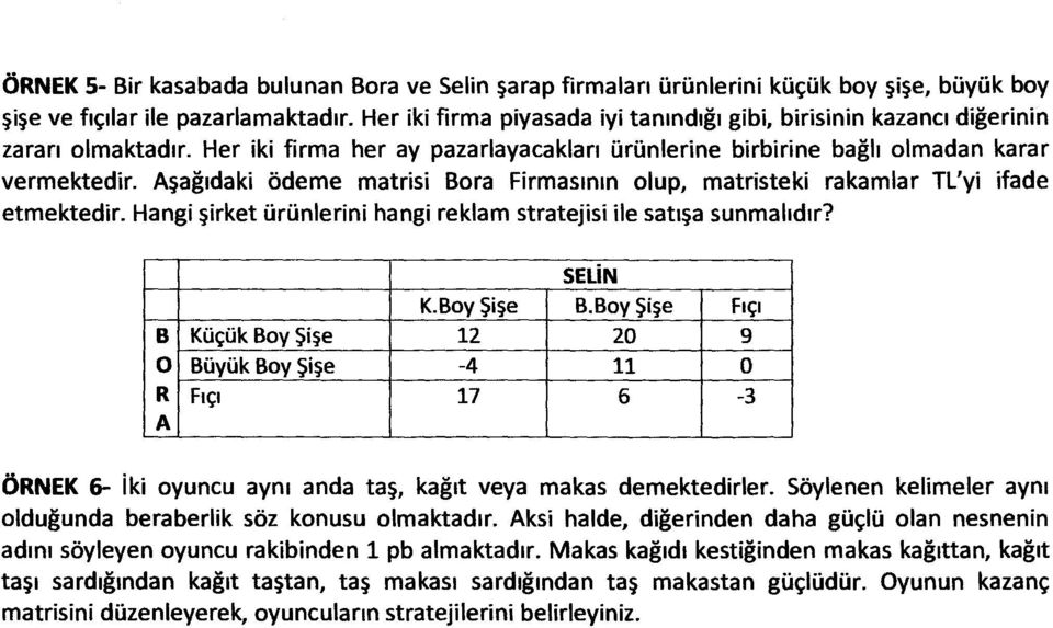 Aşağıdaki ödeme matrisi Bora Firmasının olup, matristeki rakamlar TL'yi ifade etmektedir. Hangi şirket ürünlerini hangi reklam stratejisi ile satışa sunmalıdır? SELİN K.Boy Şişe B.