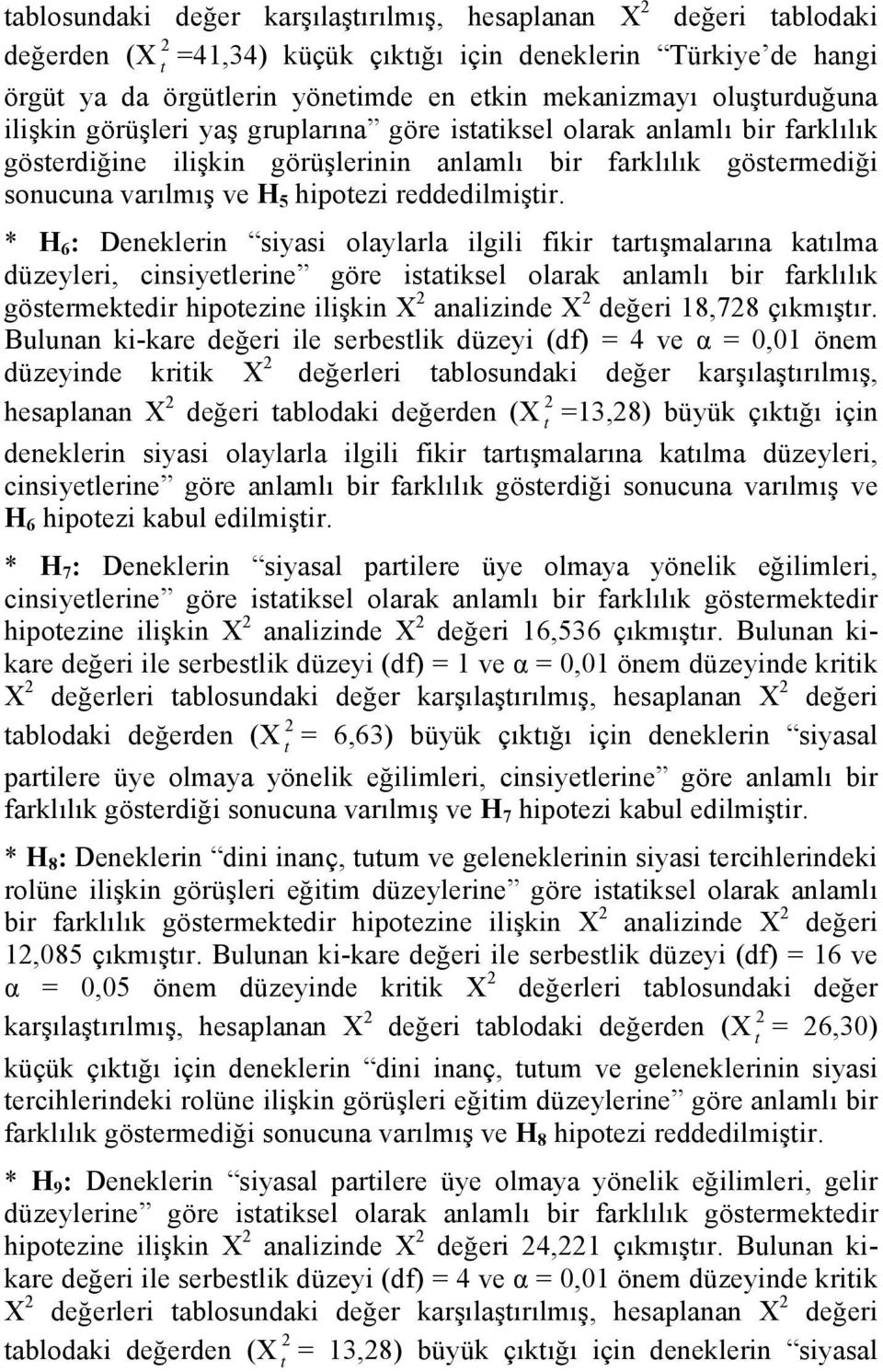 * H 6 : Deneklerin siyasi olaylarla ilgili fikir arışmalarına kaılma düzeyleri, cinsiyelerine göre isaiksel olarak anlamlı bir farklılık gösermekedir hipoezine ilişkin X 2 analizinde X 2 değeri