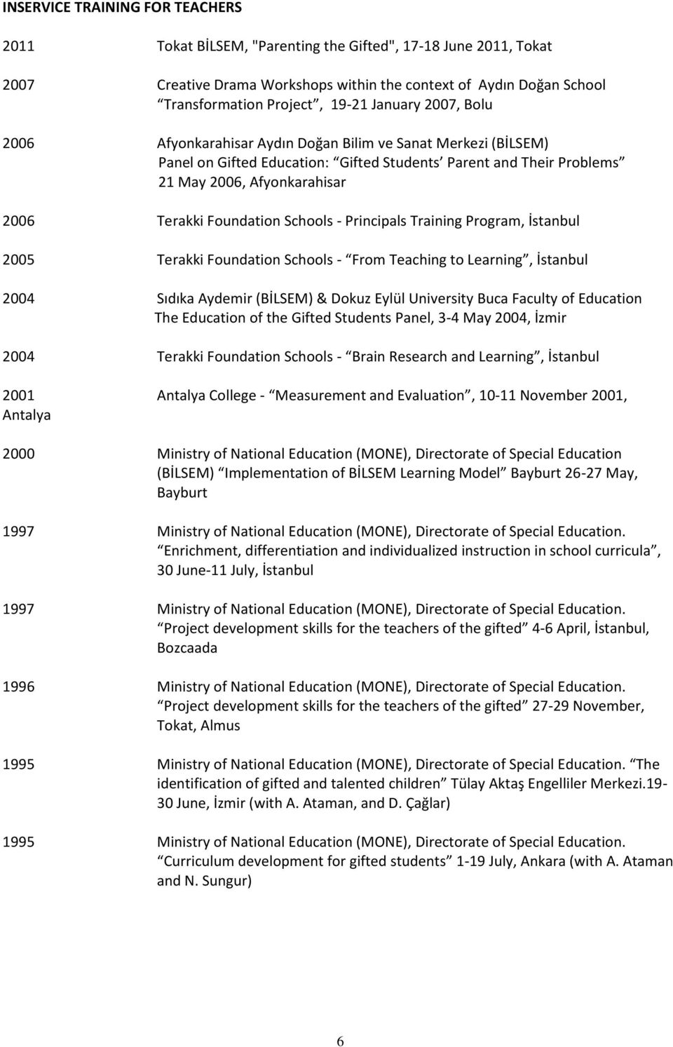 Foundation Schools - Principals Training Program, İstanbul 2005 Terakki Foundation Schools - From Teaching to Learning, İstanbul 2004 Sıdıka Aydemir (BİLSEM) & Dokuz Eylül University Buca Faculty of