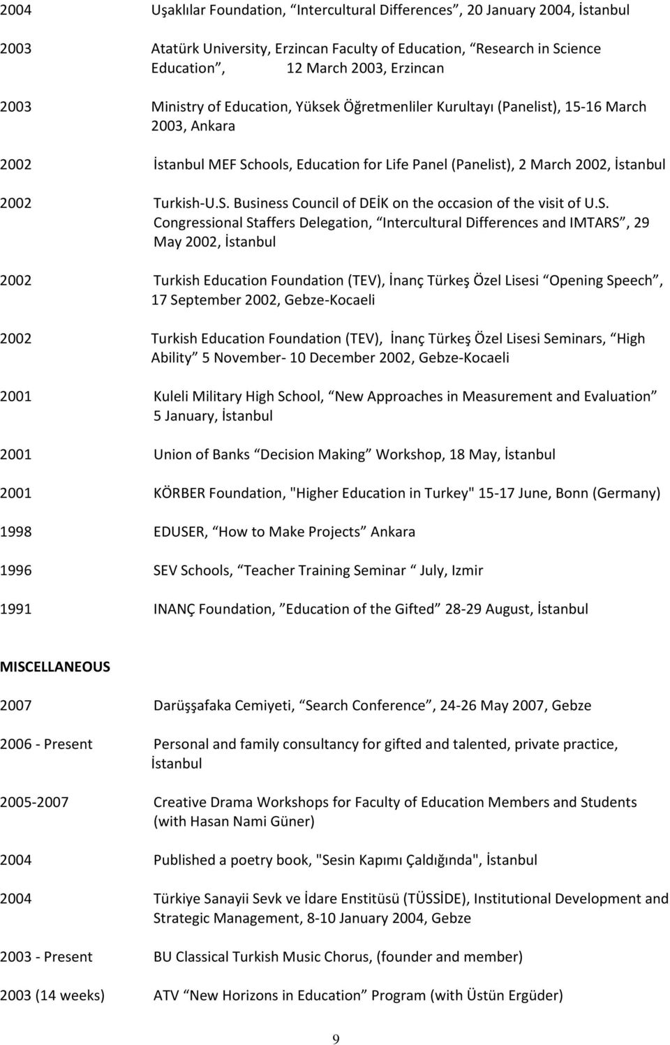 S. Congressional Staffers Delegation, Intercultural Differences and IMTARS, 29 May 2002, İstanbul 2002 Turkish Education Foundation (TEV), İnanç Türkeş Özel Lisesi Opening Speech, 17 September 2002,