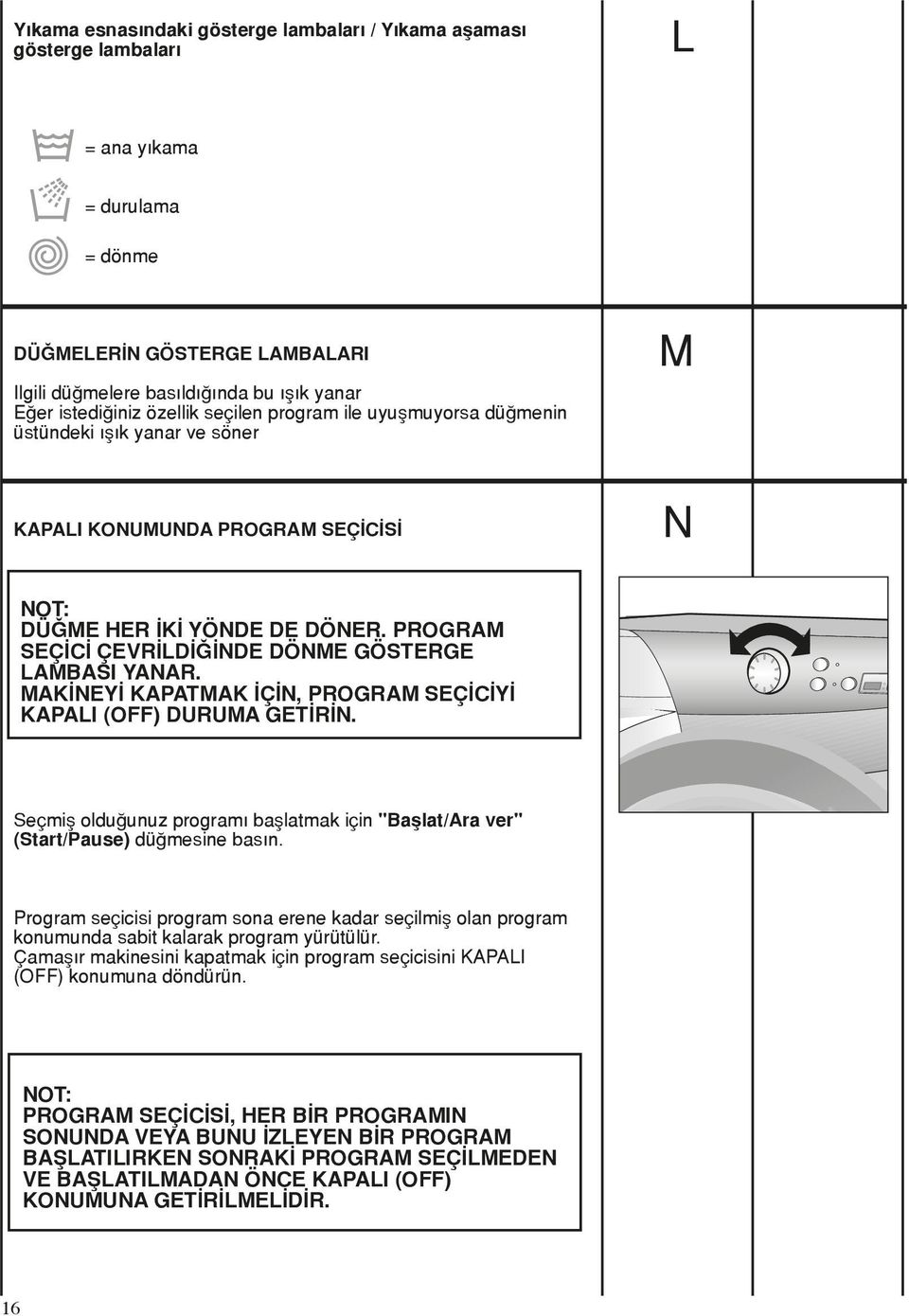 PROGRAM SEÇİCİ ÇEVRİLDİĞİNDE DÖNME GÖSTERGE LAMBASI YANAR. MAKİNEYİ KAPATMAK İÇİN, PROGRAM SEÇİCİYİ KAPALI (OFF) DURUMA GETİRİN.