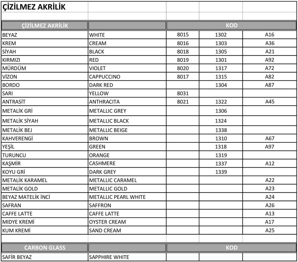 1338 KAHVERENGİ BROWN 1310 A67 YEŞİL GREEN 1318 A97 TURUNCU ORANGE 1319 KAŞMİR CASHMERE 1337 A12 KOYU GRİ DARK GREY 1339 METALİK KARAMEL METALLIC CARAMEL A22 METALİK GOLD METALLIC