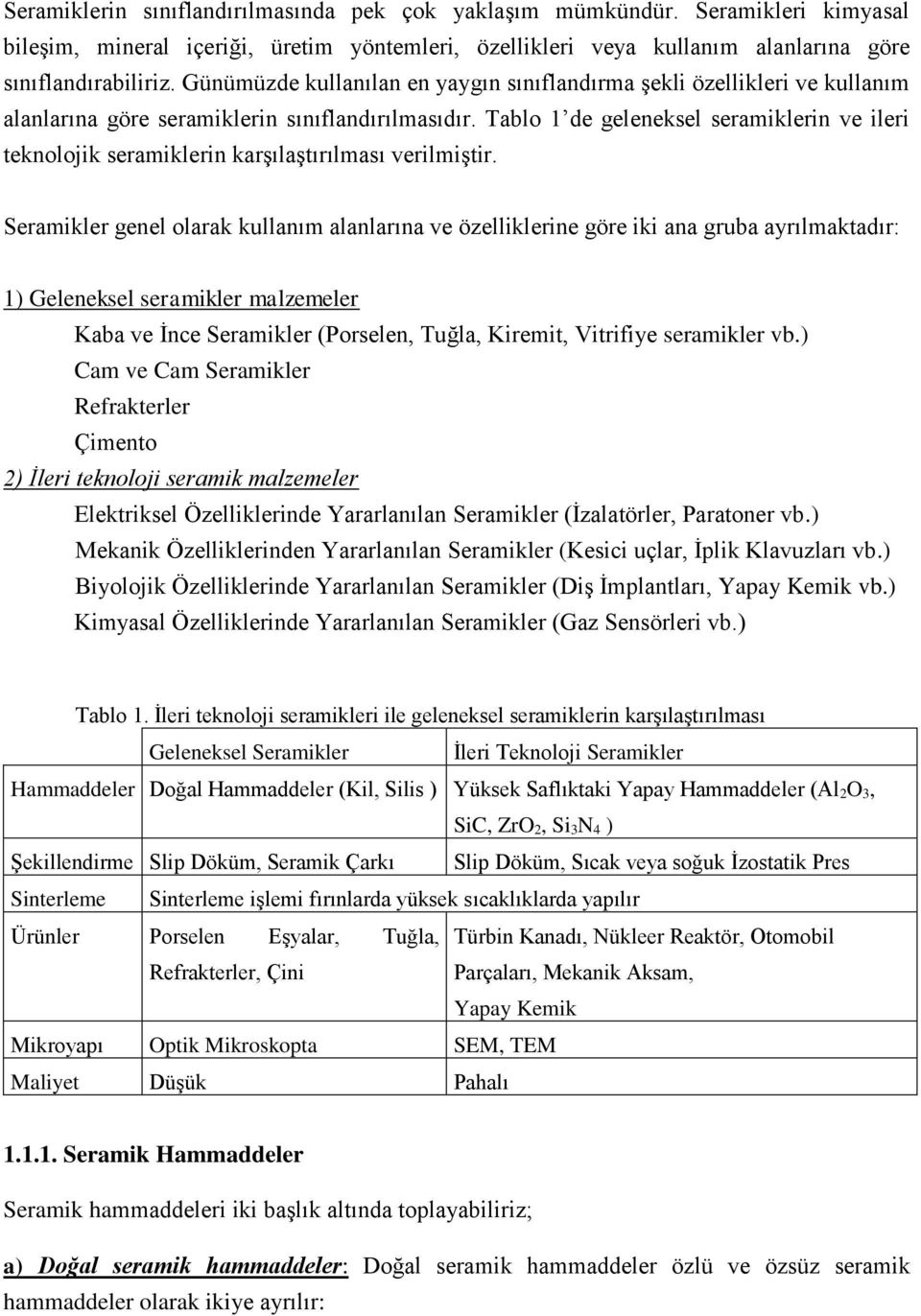 Tablo 1 de geleneksel seramiklerin ve ileri teknolojik seramiklerin karşılaştırılması verilmiştir.