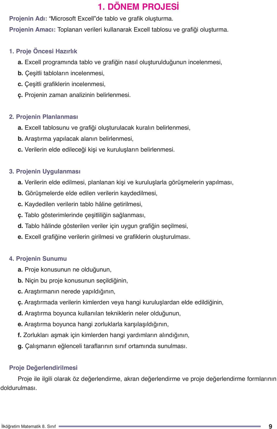 Projenin Planlanması a. Excell tablosunu ve grafiği oluşturulacak kuralın belirlenmesi, b. Araştırma yapılacak alanın belirlenmesi, c. Verilerin elde edileceği kişi ve kuruluşların belirlenmesi. 3.