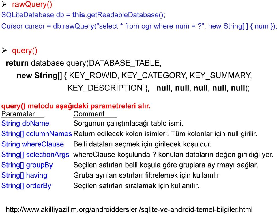 Parameter Comment String dbname Sorgunun çalıştırılacağı tablo ismi. String[] columnnames Return edilecek kolon isimleri. Tüm kolonlar için null girilir.
