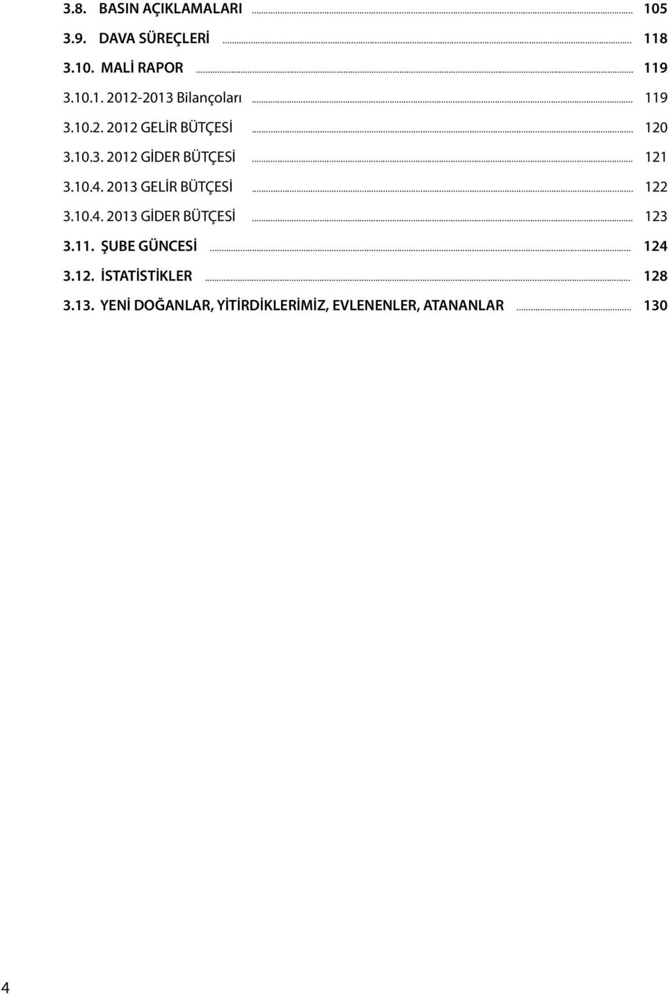 2013 GELİR BÜTÇESİ... 122 3.10.4. 2013 GİDER BÜTÇESİ... 123 3.11. ŞUBE GÜNCESİ... 124 3.12. İSTATİSTİKLER.