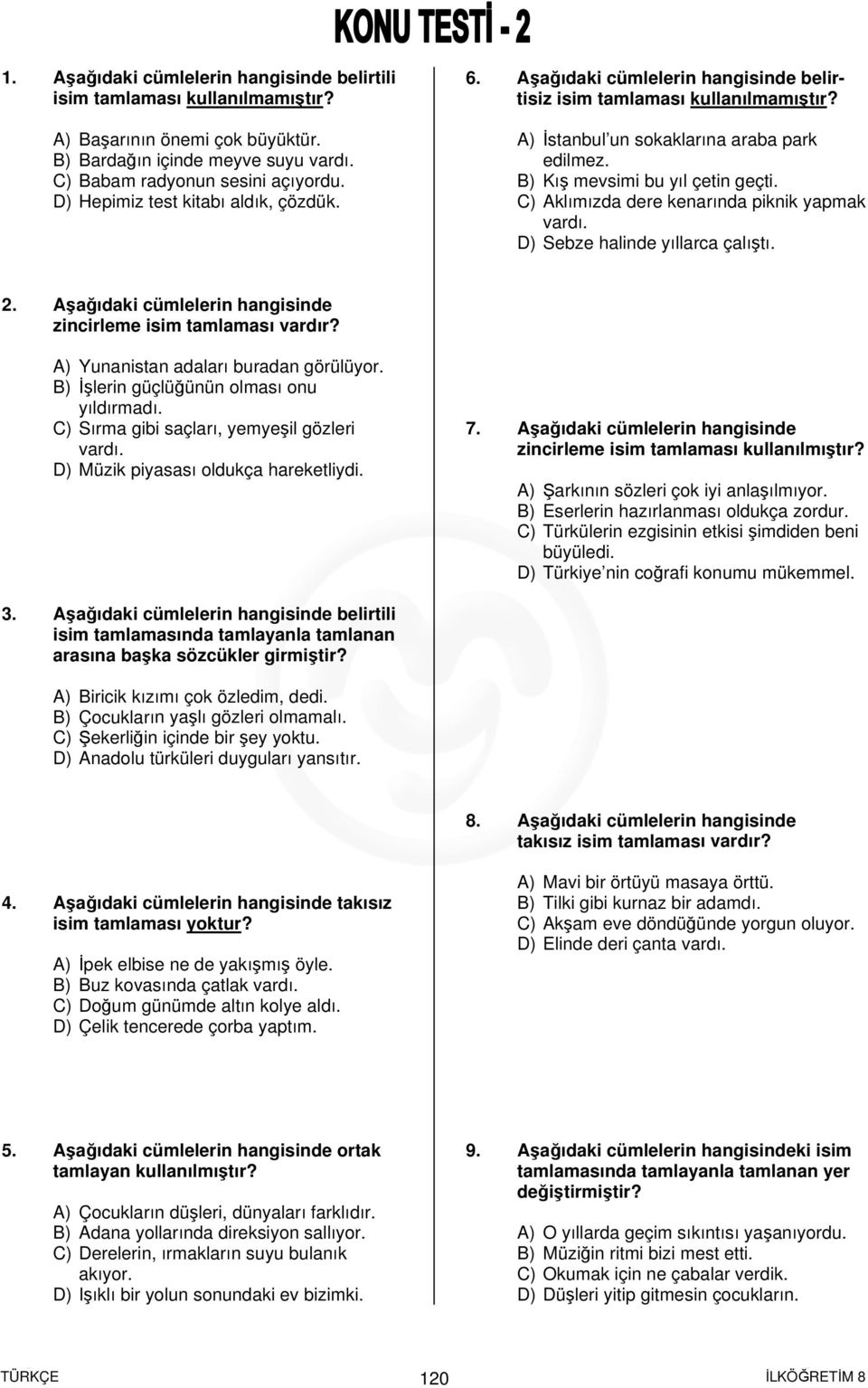 C) Aklımızda dere kenarında piknik yapmak vardı. D) Sebze halinde yıllarca çalıştı. 2. Aşağıdaki cümlelerin hangisinde zincirleme isim tamlaması vardır? A) Yunanistan adaları buradan görülüyor.