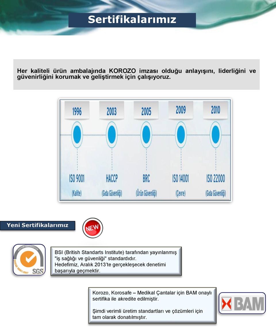 Yeni Sertifikalarımız BSI (British Standarts Institute) tarafından yayınlanmış "iş sağlığı ve güvenliği" standardıdır.