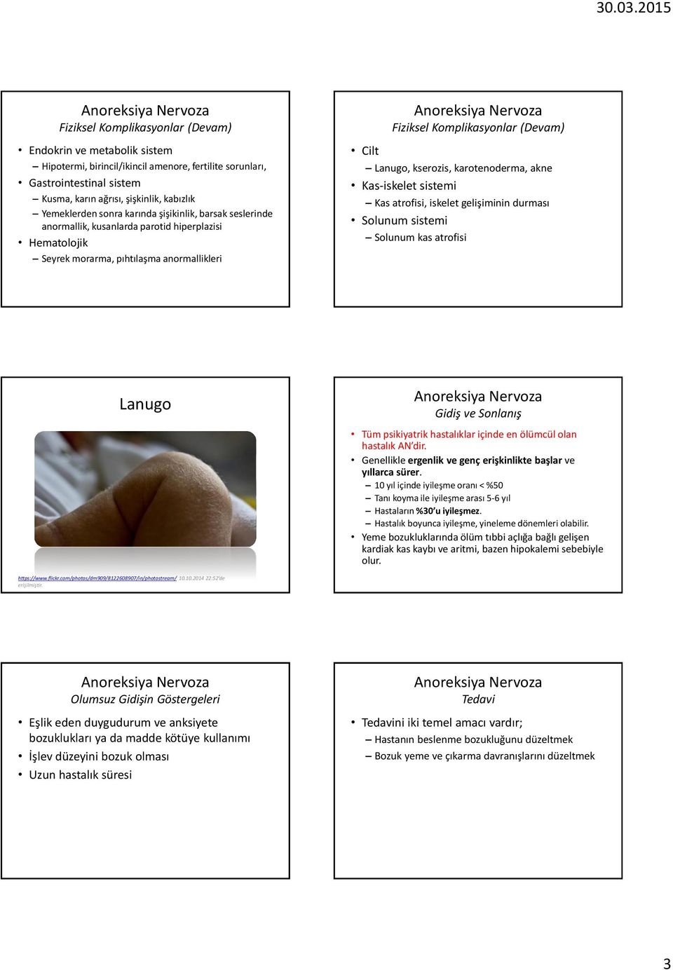 karotenoderma, akne Kas-iskelet sistemi Kas atrofisi, iskelet gelişiminin durması Solunum sistemi Solunum kas atrofisi Lanugo Gidiş ve Sonlanış Tüm psikiyatrik hastalıklar içinde en ölümcül olan