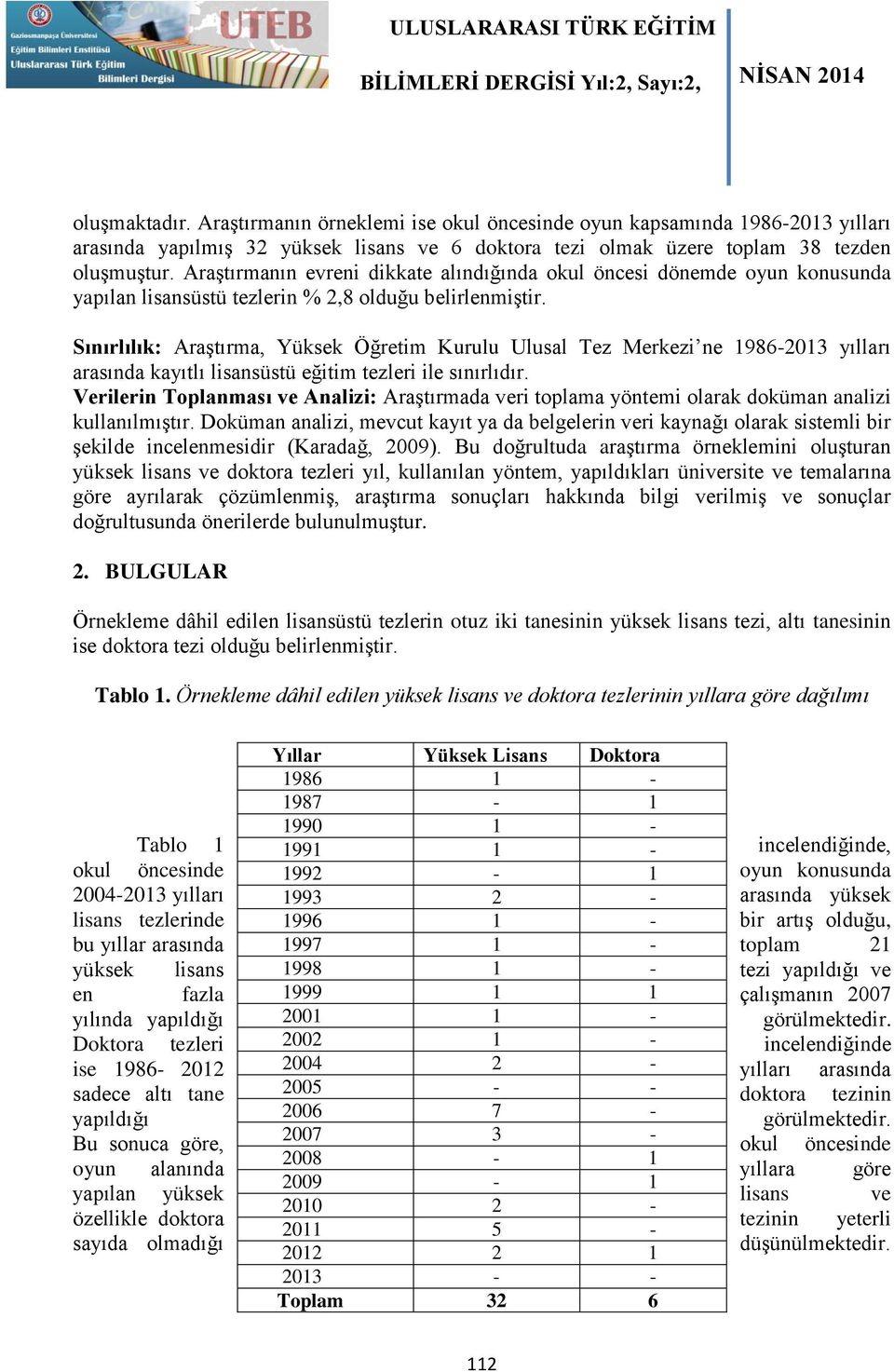 Sınırlılık: Araştırma, Yüksek Öğretim Kurulu Ulusal Tez Merkezi ne 1986-2013 yılları arasında kayıtlı lisansüstü eğitim tezleri ile sınırlıdır.