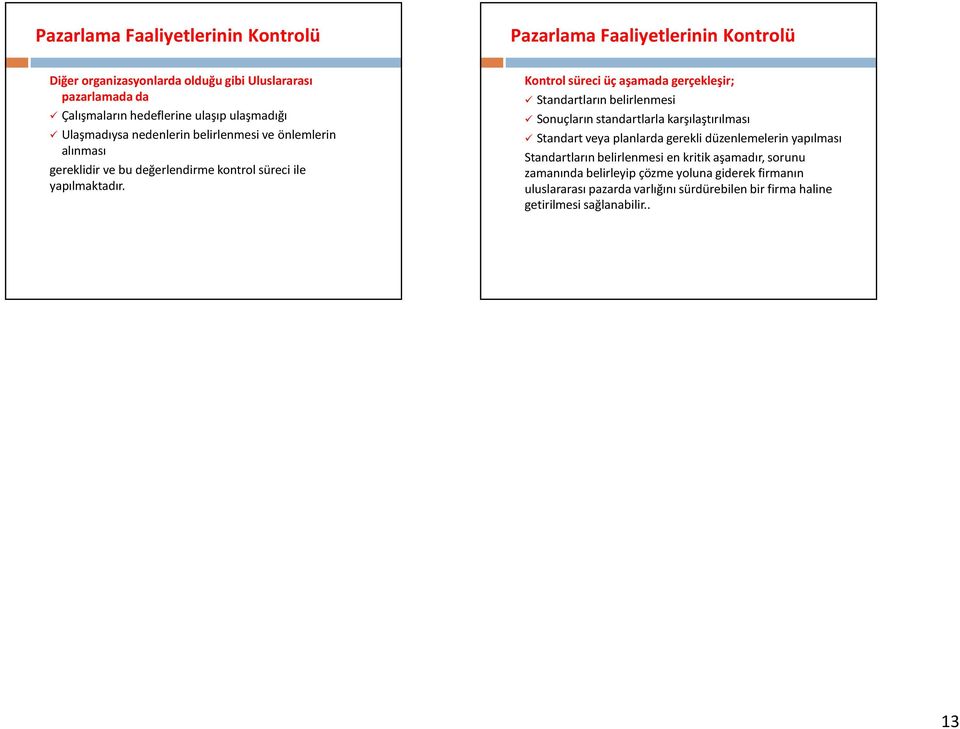 Kontrol süreci üç aşamada gerçekleşir; Standartların belirlenmesi Sonuçların standartlarla karşılaştırılması Standart veya planlarda gerekli düzenlemelerin yapılması