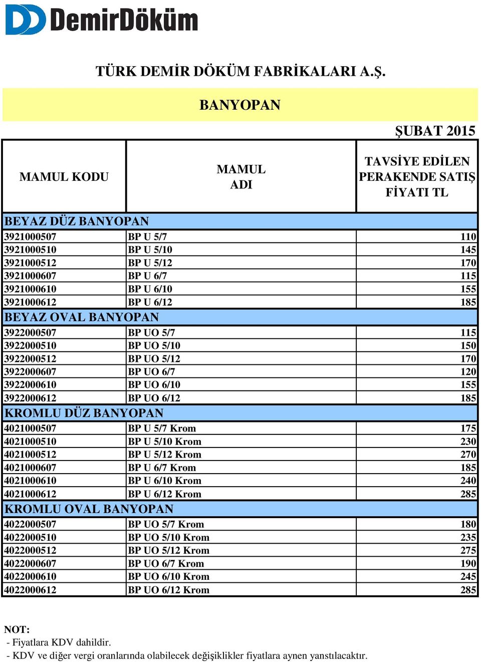 BANYOPAN 39000507 BP UO 5/7 5 3900050 BP UO 5/0 50 390005 BP UO 5/ 70 39000607 BP UO 6/7 0 3900060 BP UO 6/0 55 390006 BP UO 6/ 85 KROMLU DÜZ BANYOPAN 40000507 BP U 5/7 Krom 75 4000050 BP U 5/0