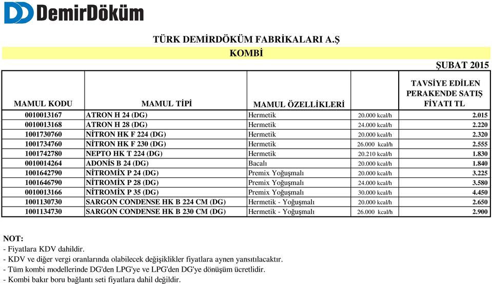 000 kcal/h 3.5 00646790 NİTROMİX P 8 (DG) Premix Yoğuşmalı 4.000 kcal/h 3.580 0000366 NİTROMİX P 35 (DG) Premix Yoğuşmalı 30.000 kcal/h 4.