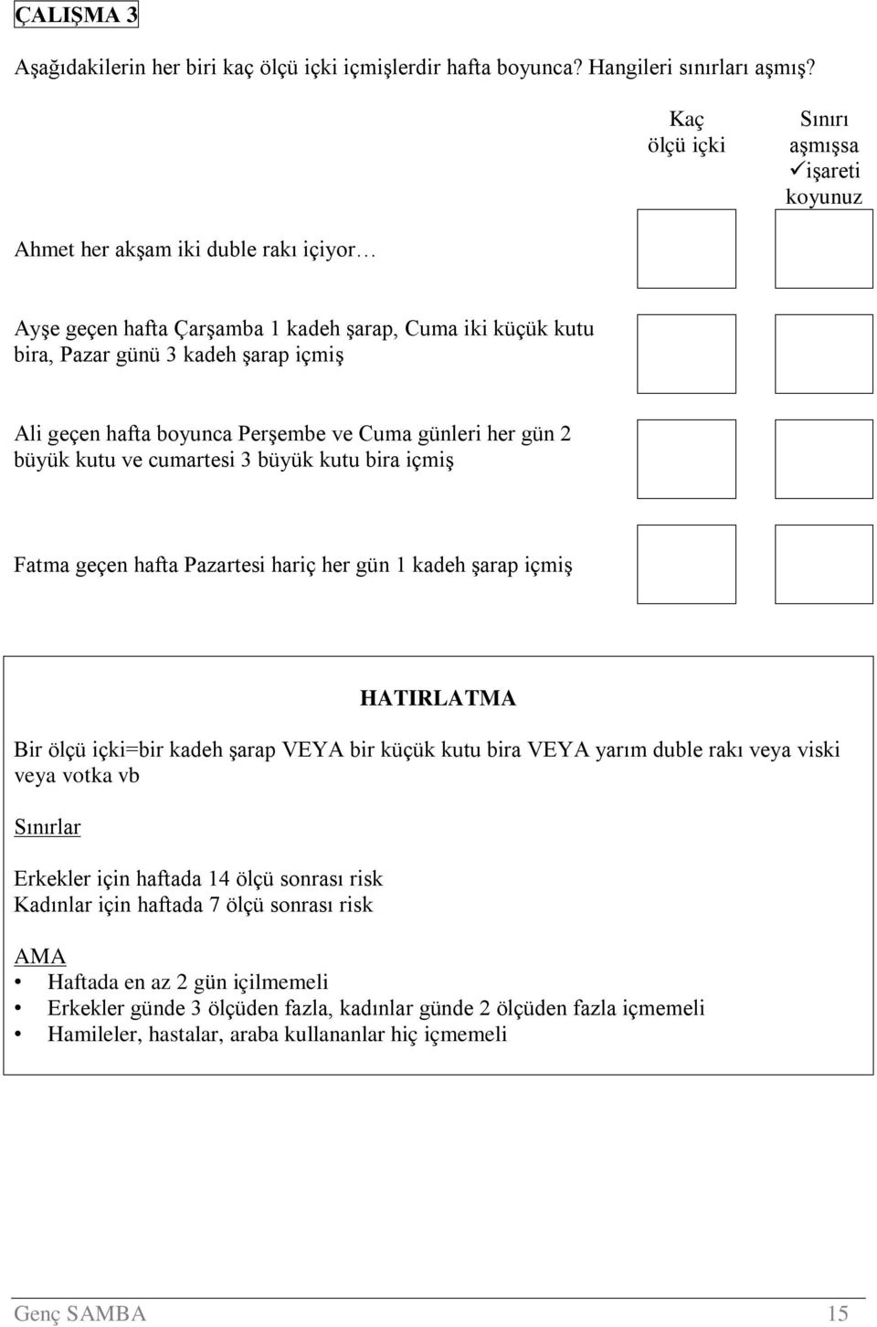 boyunca Perşembe ve Cuma günleri her gün 2 büyük kutu ve cumartesi 3 büyük kutu bira içmiş Fatma geçen hafta Pazartesi hariç her gün 1 kadeh şarap içmiş HATIRLATMA Bir ölçü içki=bir kadeh şarap VEYA